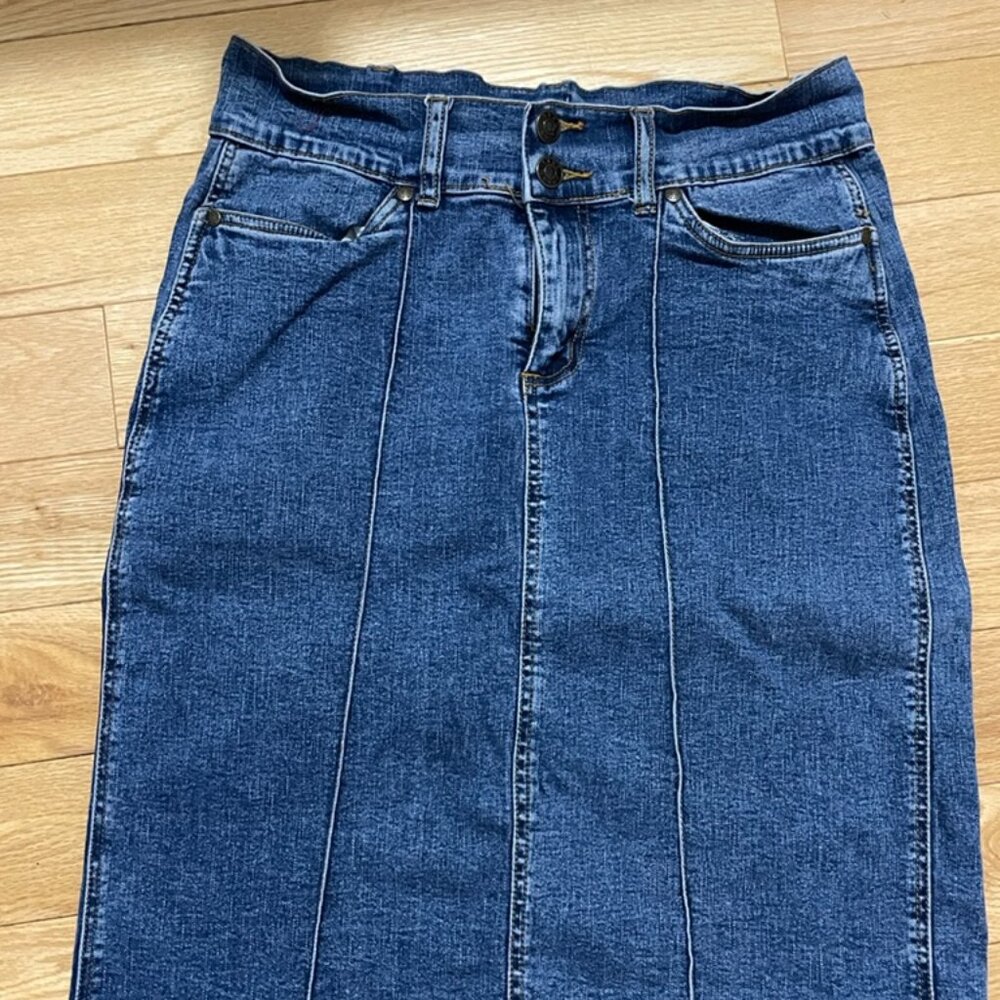 Urban Star Denim Midi Skirt – Size 8 (Dark Wash, Stretch Fit)